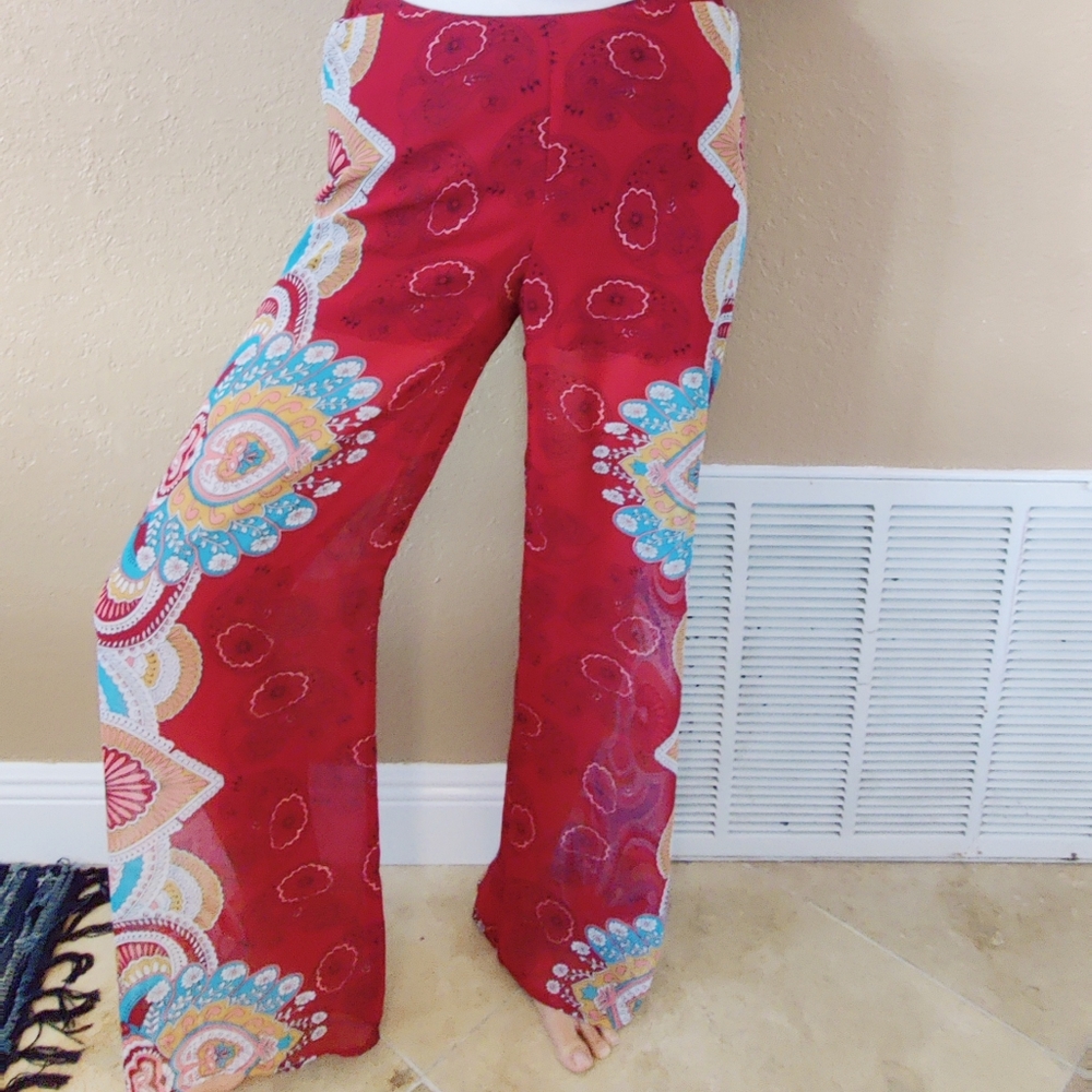 Sheer red patterned hippie pants with built in shorts